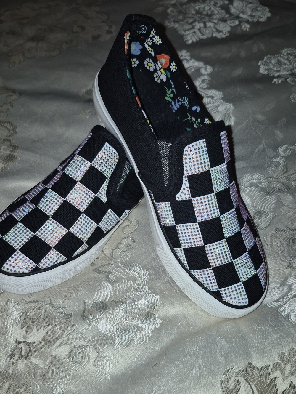 Kid's Black Checkerboard Slip-On Sneakers with Iridescent Accents Sz. 3
